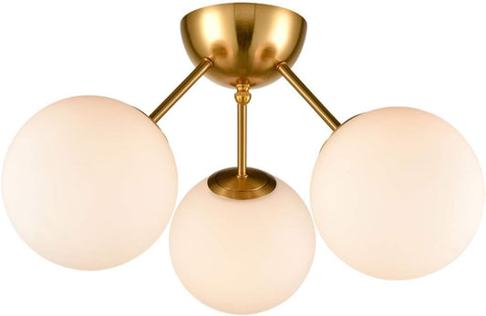 HOLKIRT Classic Mid Century Modern Globe Semi Flush Mount Ceiling Light Sputnik Chandeliers,White Frosted Glass Gold Finished for Living Room Dining Room Bedroom 3- Light
