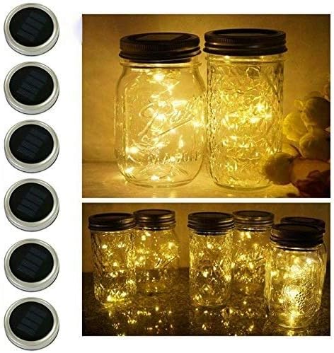 6 Pack Mason Jar Lights, 10 LED Solar Warm White Fairy String Lights Lids Insert for Garden Deck Patio Party Wedding Christmas Decorative Lighting Fit for Regular Mouth Jars