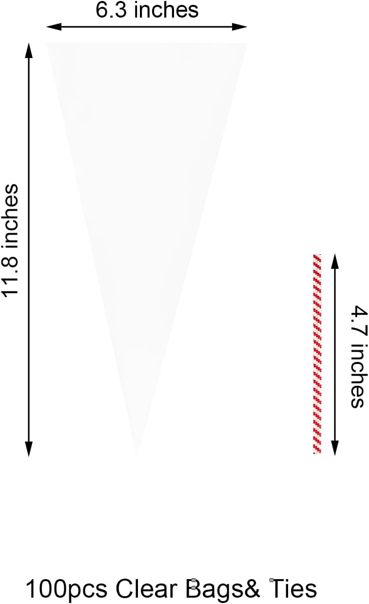 EKAPACKAGING 100Pcs 6.3x11.8 Inches Clear Cone Shaped Treat Cellophane Bags Twist Tie Triangle Christmas Party Favor Cotton Candy Bags With Ties For Popcorn, Chocolates, Ice Cream Cone