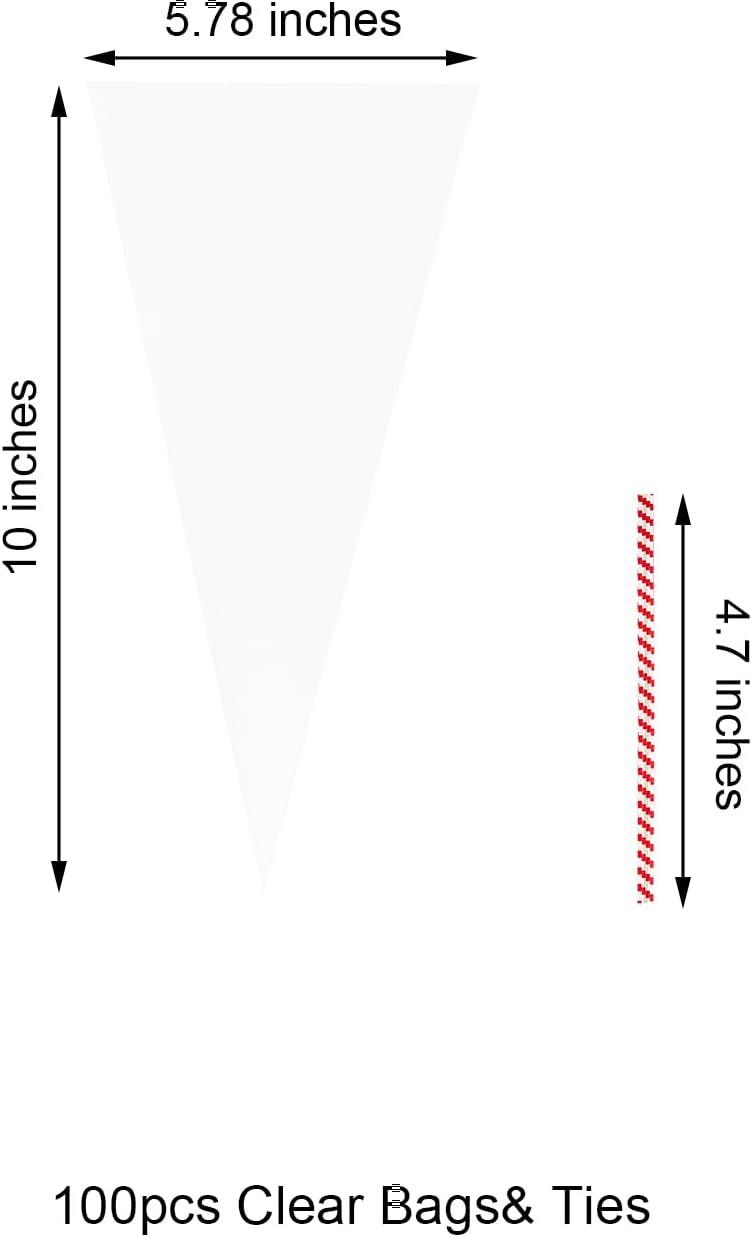 EKAPACKAGING 100Pcs 6x10 Inches Clear Cone Shaped Treat Cellophane Bags Twist Tie Triangle Christmas Party Favor Cotton Candy Bags With Ties For Popcorn, Chocolates, Ice Cream Cone