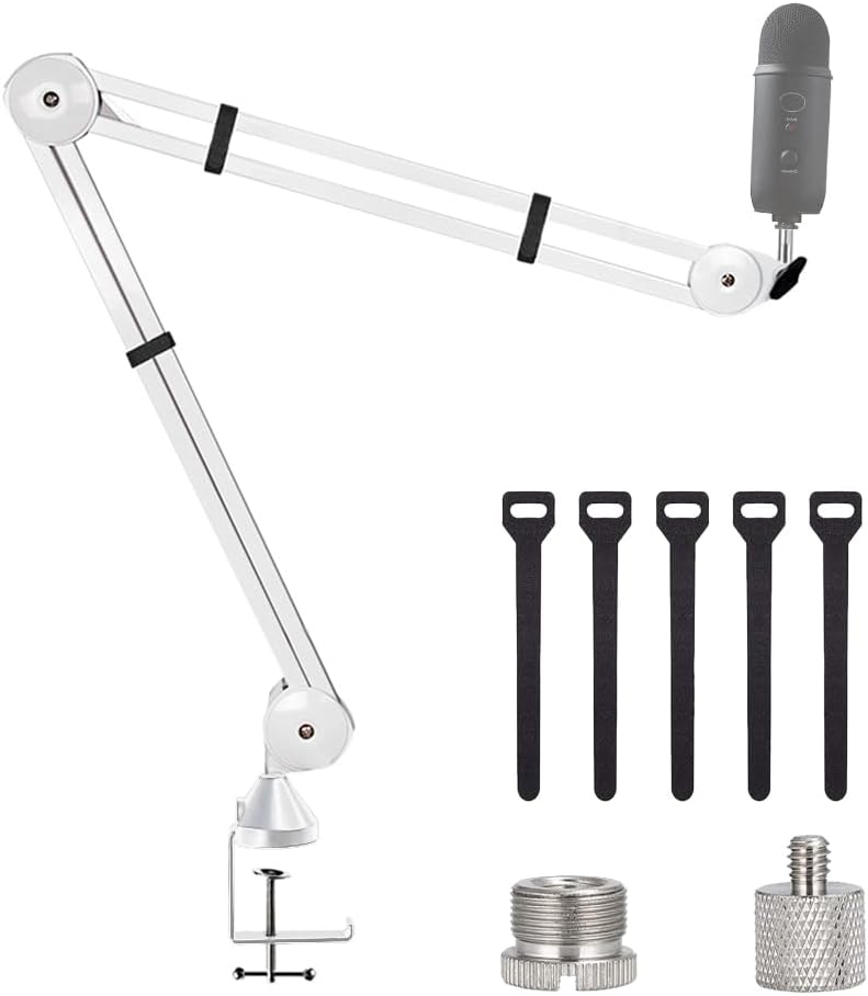 BOMGE Microphone Boom Arm Mic Stand Adjustable Clip Studio Suspension Scissor Arm Mount for Blue Snowball, ICE, Blue Yeti,Radio Broadcasting and Game (white)