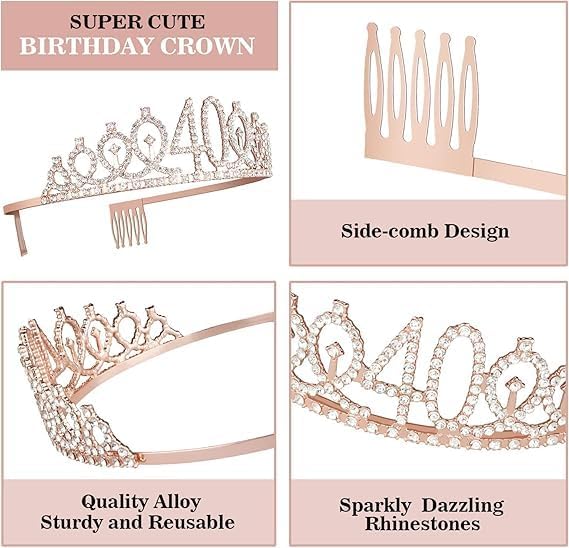 40th Birthday Decorations for Women, Including Crown/Tiara, Sash, Cake Topper and Candles, 40th Birthday Gifts Women