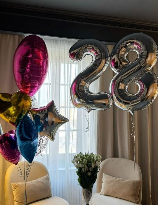 Silver Foil Number 28 Balloon 40 Inch, Helium Mylar Eight Number 28 Birthday Balloons, 28th Silver Women Men Wedding Anniversary, Graduations Party Supplies