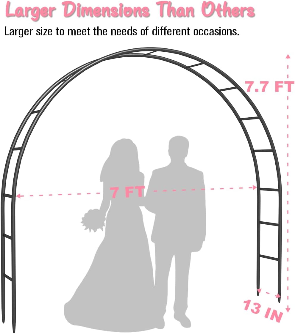 Queension Metal Arch Backdrop Stand 7Ft Wide 7.7Ft High, Wedding Arch Frame for Wedding Decorations, Balloon Arch Stand with Base for Ceremony, Outdoor Garden Arch Trellis for Climbing Plants, Black