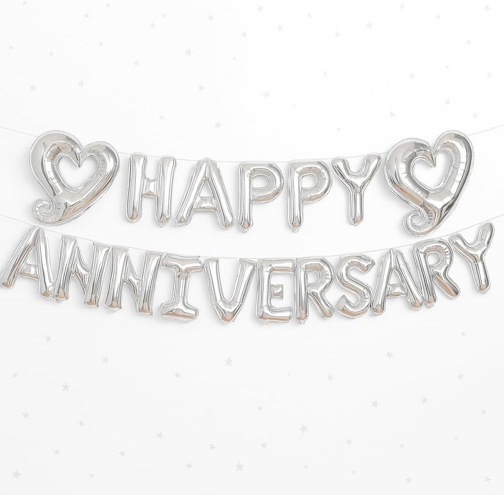 KatchOn, Silver Happy Anniversary Balloons Letters - Big, 18 Inch | Silver Happy Anniversary Balloon Banner | Heart Balloons