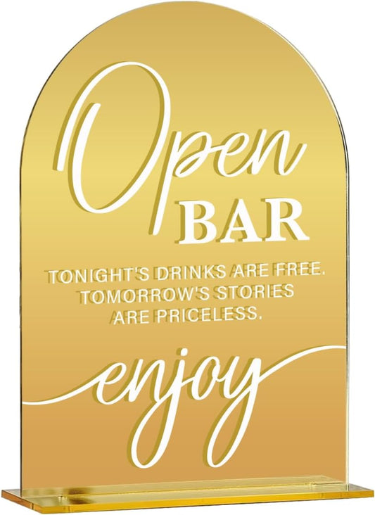 Acrylic Wedding Sign, Bridal Shower Decorations, Open Bar Sign for Ceremony, Modern Font Table Signs, Gold Mirror Arched Acrylic Tabletop Signs for Wedding Reception and Event Party