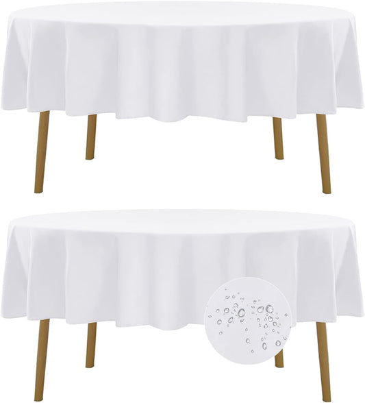 Fokitut 2 Pack Waterproof Round Tablecloth, 90 Inch, Stain Resistant and Wrinkle Polyester Table Cloth, Fabric Table Cover for Kitchen Dining, Wedding, Party, Holiday Dinner-White
