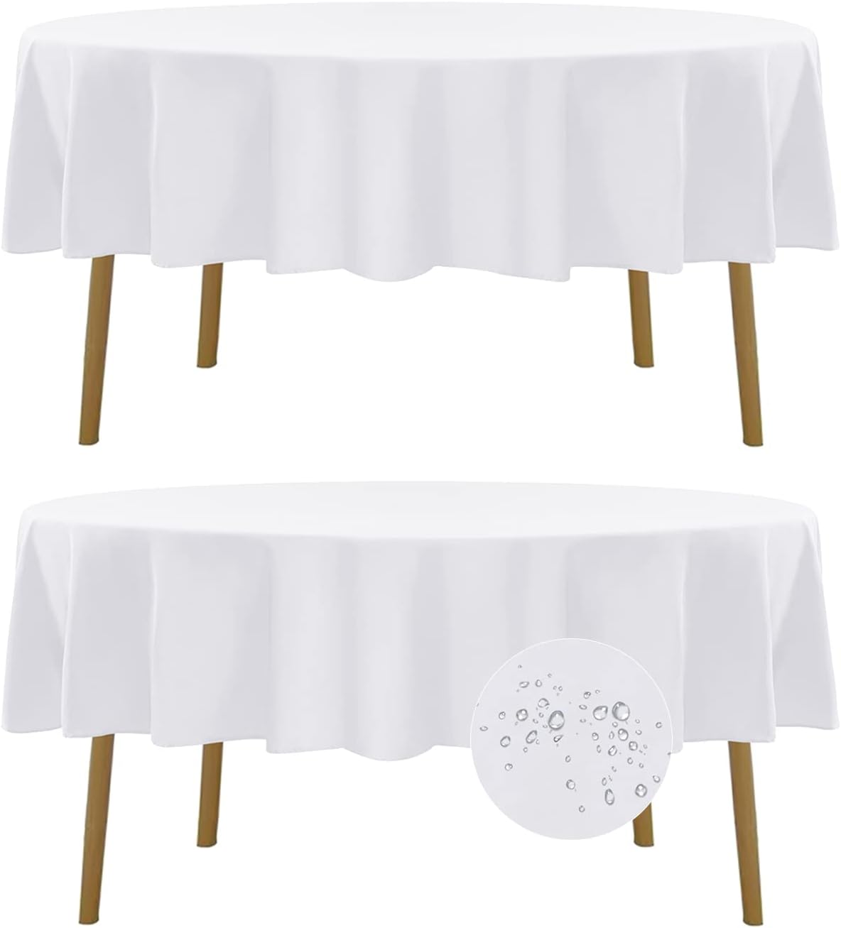 Fokitut 2 Pack Waterproof Round Tablecloth, 70 Inch, Stain Resistant and Wrinkle Polyester Table Cloth, Fabric Table Cover for Kitchen Dining, Wedding, Party, Holiday Dinner-White