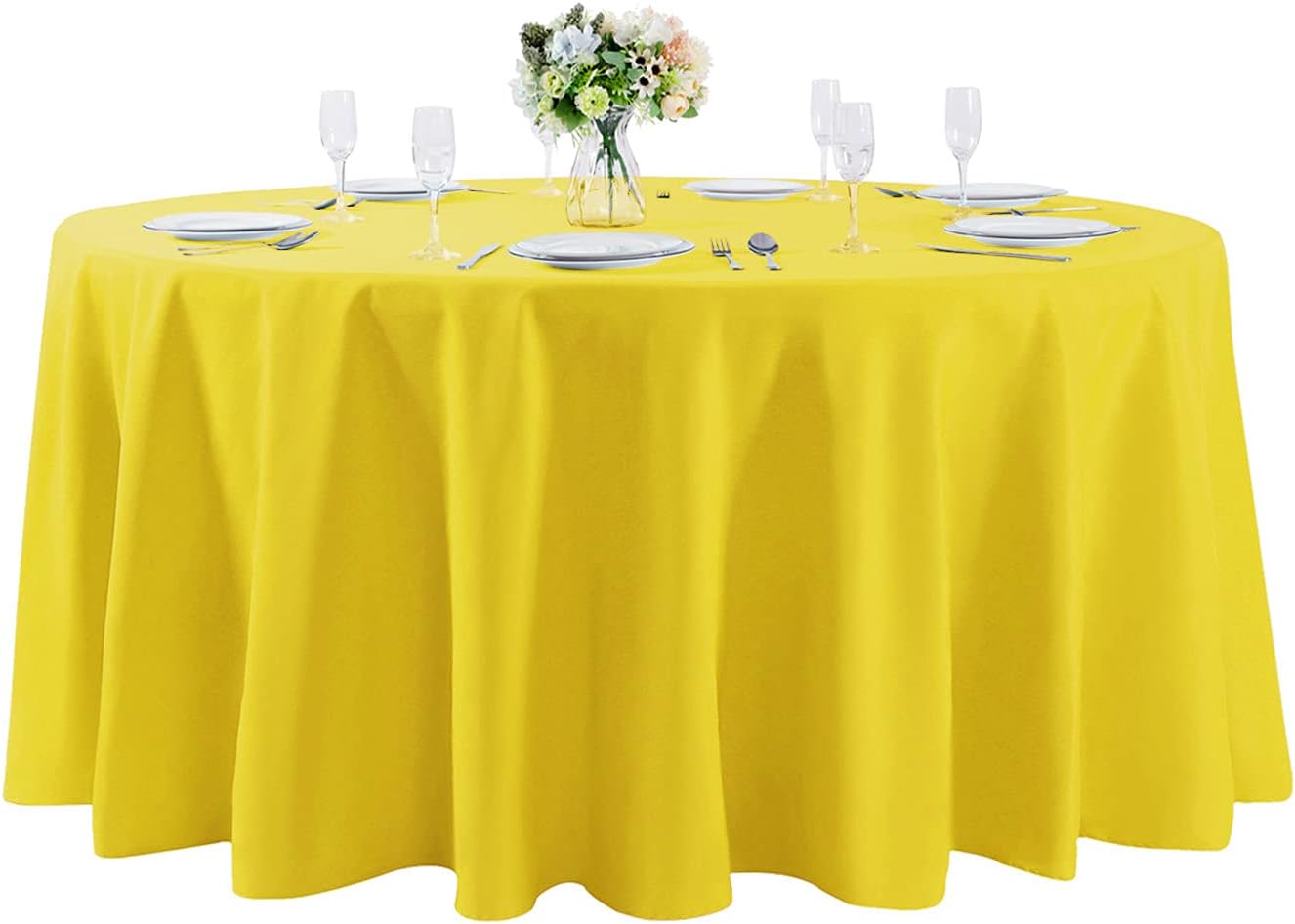 132 inch Round Tablecloth Washable Polyester Table Cloth Decorative Table Cover for Wedding Party Dining Banquet（132 inch, Yellow）