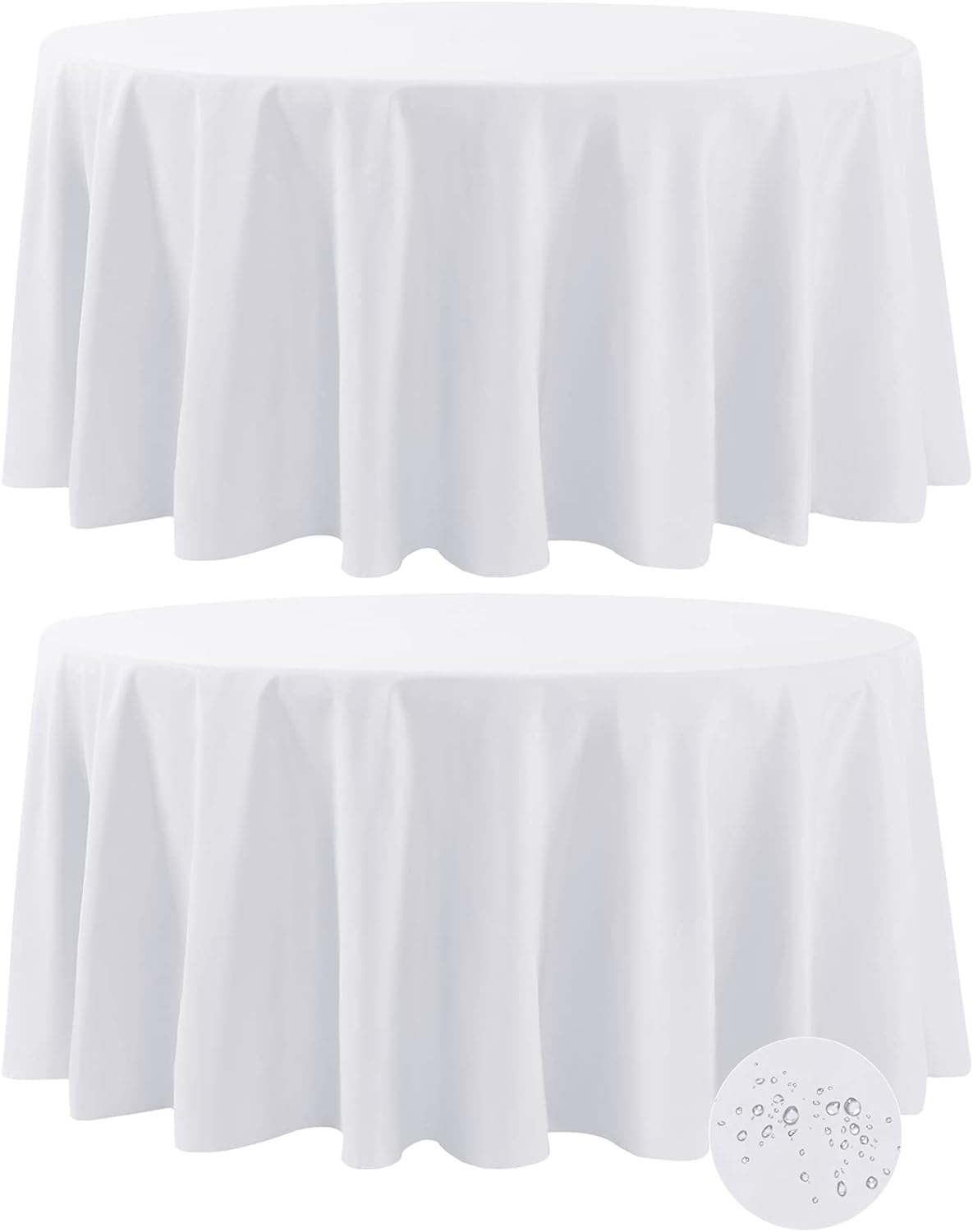 Fokitut 2 Pack Waterproof Round Tablecloth, 132 Inch, Stain Resistant and Wrinkle Polyester Table Cloth, Fabric Table Cover for Kitchen Dining, Wedding, Party, Holiday Dinner-White
