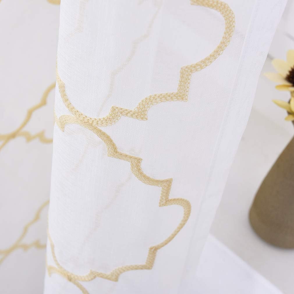 Sheer Curtains Beige 63 Inches, Rod Pocket Voile Drapes for Living room, Bedroom, Embroidered Moroccan Tile Lattice Design Window Semi Crinkle Curtain Panels for Yard, Parlor, Set of 2, 52"x 63".