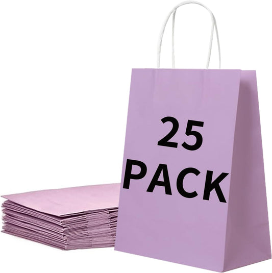 BAG BOX 25 Pack Small 5.9x3.1x8.25 Inch Purple Kraft Paper Gift Bags with Handles for Bulk Shopping, Retail, Craft, Party Favors, Wedding, Grocery & Sacks