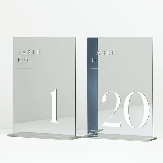 JINMURY Sliver Wedding Table Numbers 1-20 with Stands, 5"x7" Sliver Mirror Acrylic Table Numbers for Wedding Reception (Sliver Mirror White Font, Number 1-20, 5"x7")