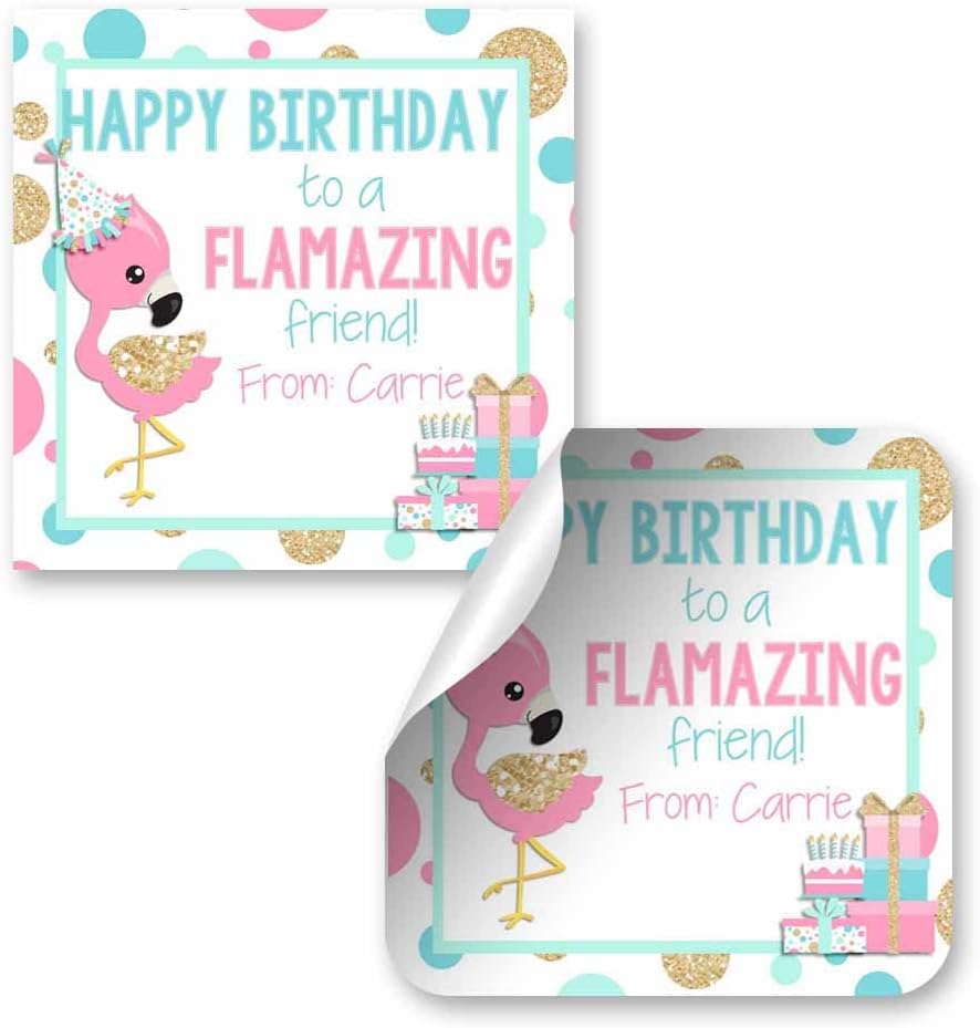 Custom & Personalized FLAMAZING Flamingo Happy Birthday Gift Tag Sticker Labels, 24 2.5" Square Stickers by Amanda Creation