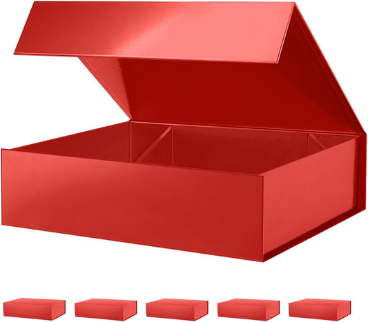 PACKHOME 6 Large Gift Boxes 13.5x10x3.5 Inches, Sturdy Shirt Boxes with Magnetic Lids for Multiple Occasions (Glossy Red)