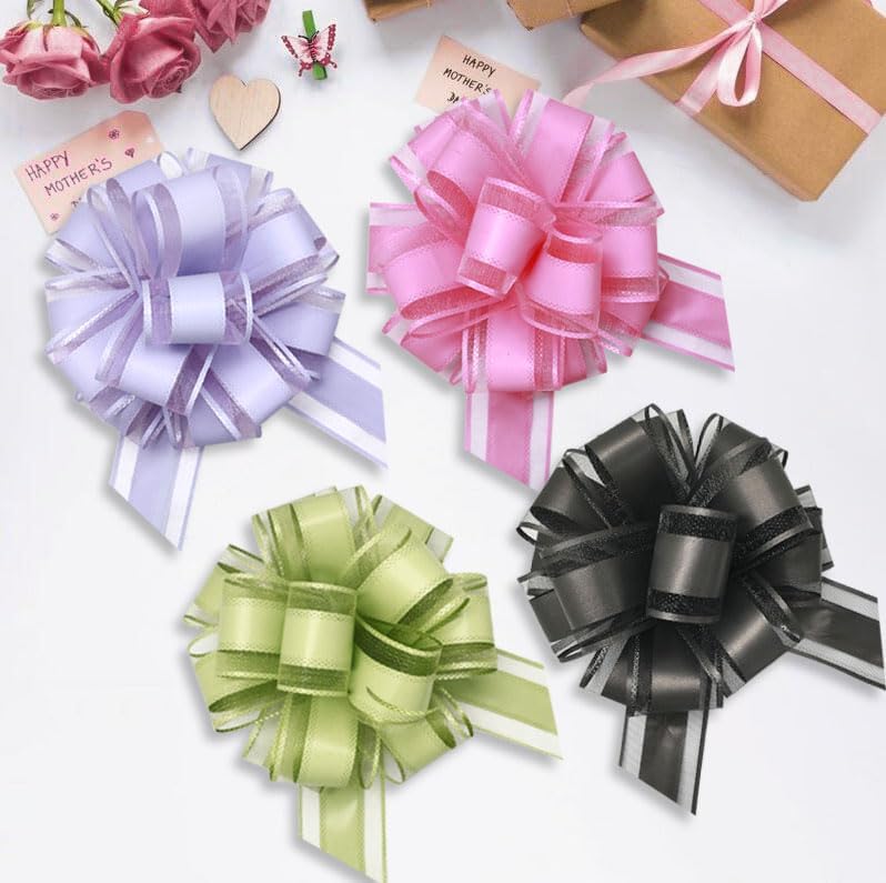 6 Count Large Pull Bows, 6 inches, Organza, Modern, Christmas, Wedding, Valentine's Day, Bean Green, Solid