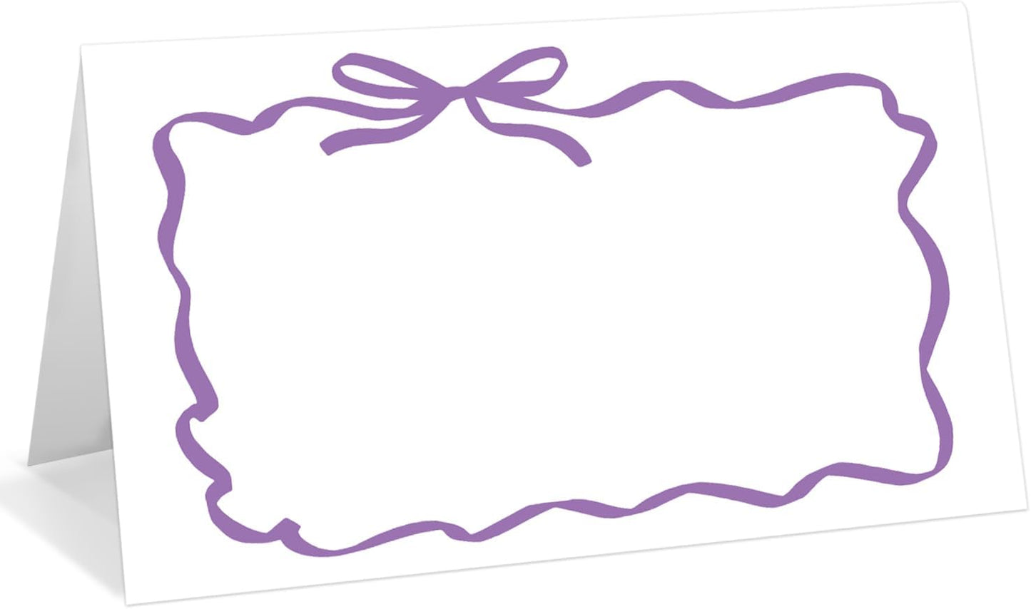 25 Pack Purple Bow Wave Place Cards, Editable Name Cards for Table Setting, Tent Cards Food Label for Dinner Party, Bridal Shower, Wedding, Baby Shower and Events -T16