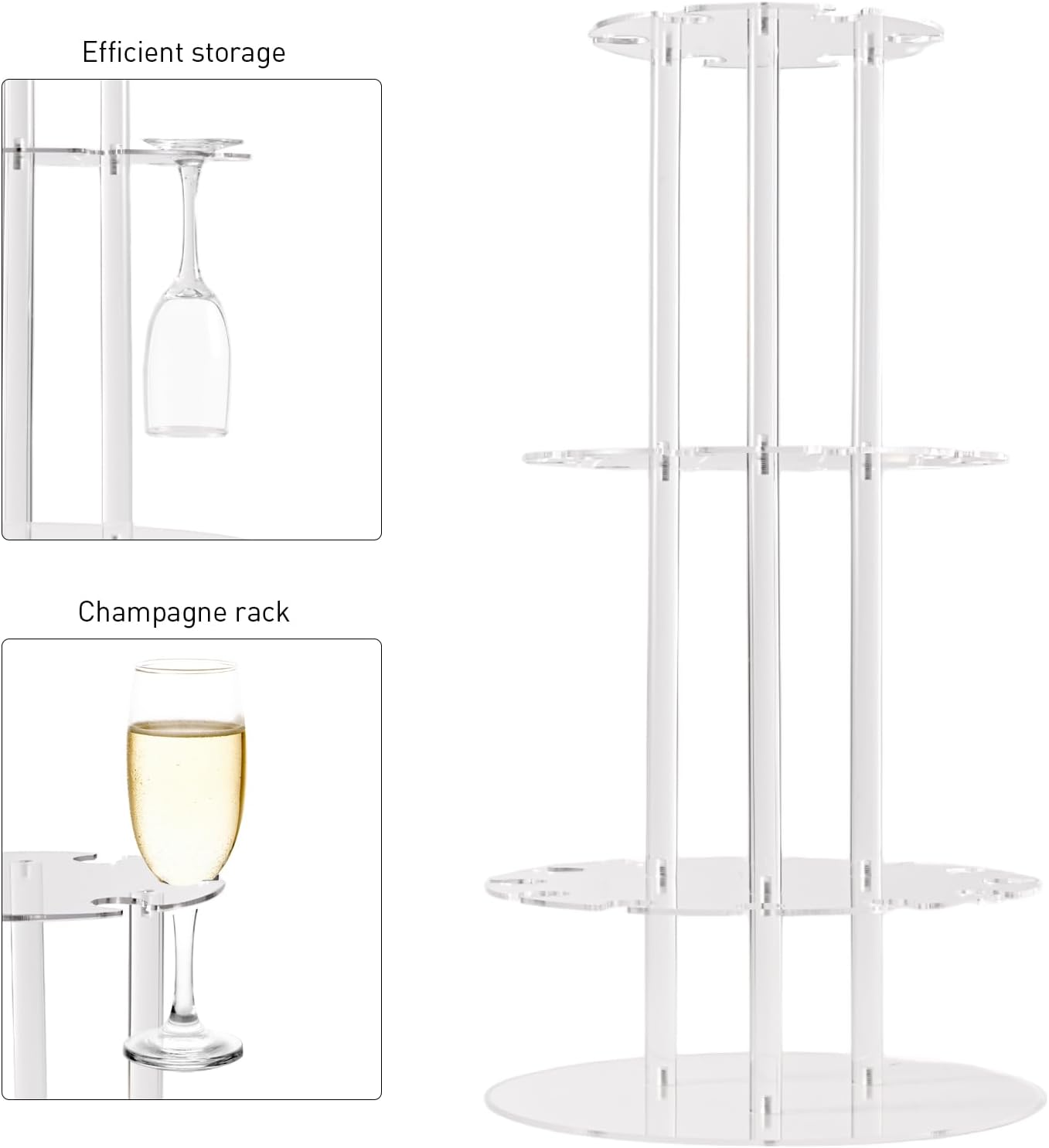 Champagne Tower, Circle Acrylic Champagne Display Rack Stand with 28 Slots, 3 Tier Floating Sight Champagne Flute Holder for Party, Wedding, School, Celebration, 13.4x13.4x25.5 inch, 2Pcs
