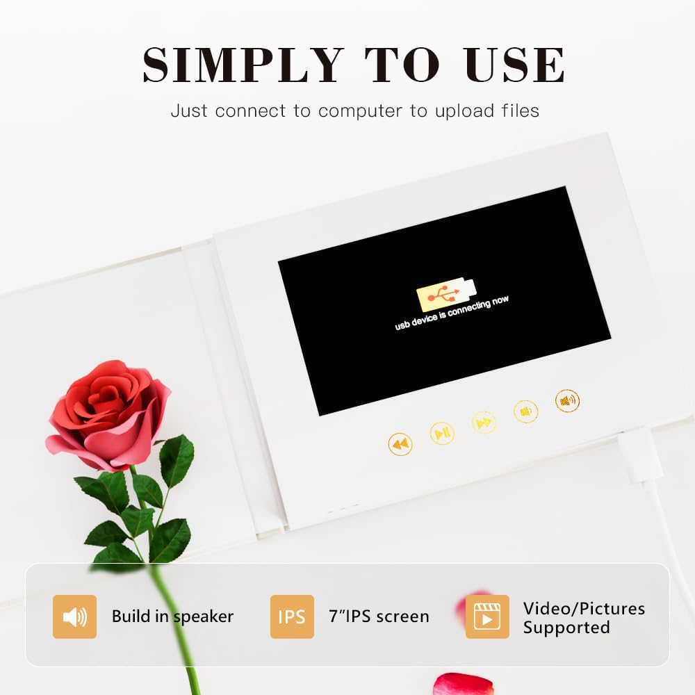 MEMORIES - GOLD FOIL Luxury Linen Bound wedding Video Book wedding Album Up to 3 hours of video, 7” IPS Display, 4GB of memory & Rechargeable Battery (MEMORIES)