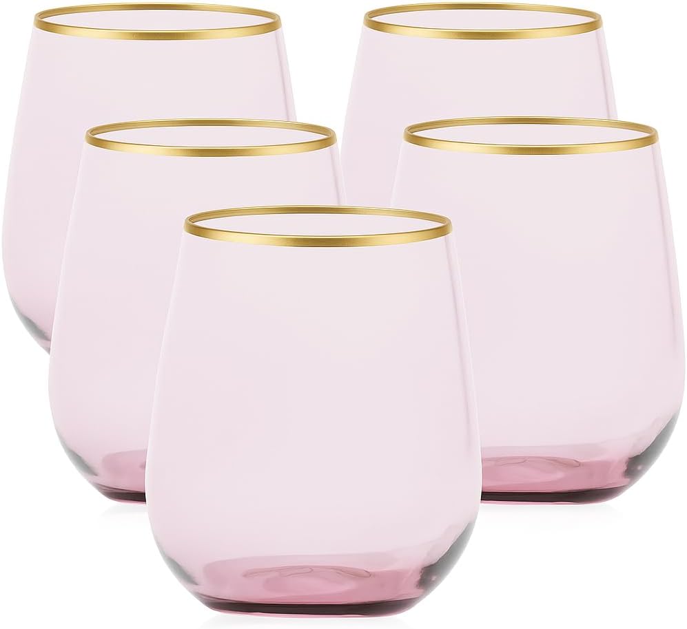40 count Unbreakable Stemless Plastic Wine Champagne Whiskey Glasses Elegant Durable Disposable Indoor Outdoor Ideal for Home, Office, Bars, Wedding, 12 Ounce Cups (Pink Matte Gold)