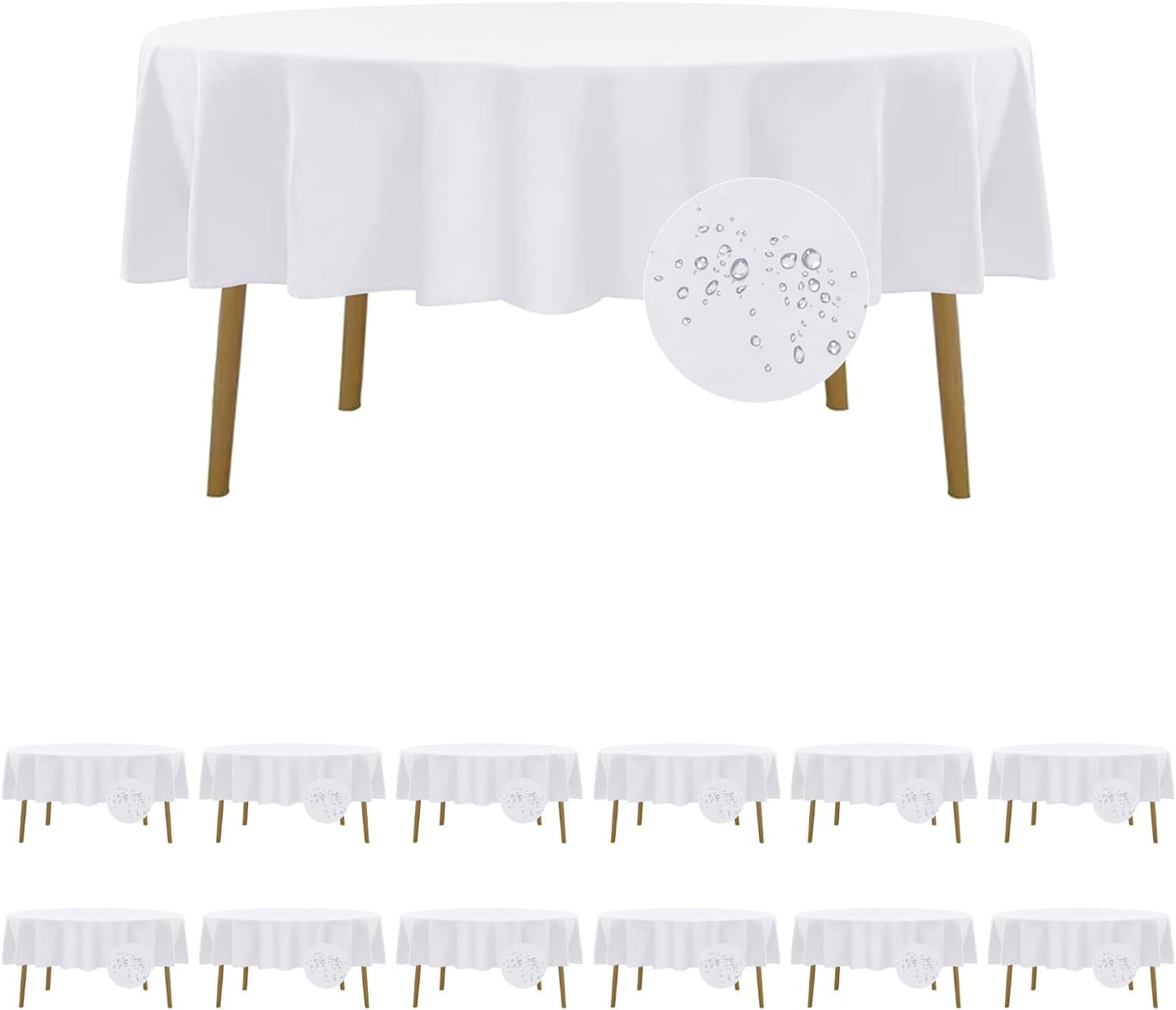 Fokitut 12 Pack Waterproof Round Tablecloth, 70 Inch, Stain Resistant and Wrinkle Polyester Table Cloth, Fabric Table Cover for Kitchen Dining, Wedding, Party, Holiday Dinner-White