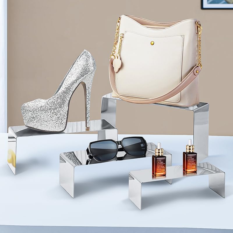 4 Pcs Silver Stainless Steel Display Risers, Display Stand for Display Cupcake Dessert Perfume Purse Handbag Shoe Jewelry and Funko Pop