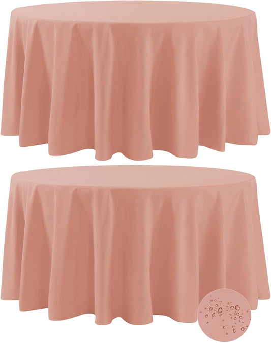 Fokitut 2 Pack Waterproof Round Tablecloth, 132 Inch, Stain Resistant and Wrinkle Polyester Table Cloth, Fabric Table Cover for Kitchen Dining, Wedding, Party, Holiday Dinner-Dusty Pink