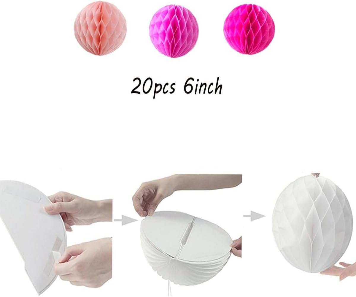 20pcs Honeycomb Flower Balls Party Honeycomb Balls Decoration Paper Flower Balls Tissue Paper Flower Ball Pom Poms Ball for Birthday Wedding Home Decor (6inch, Pink Pack)