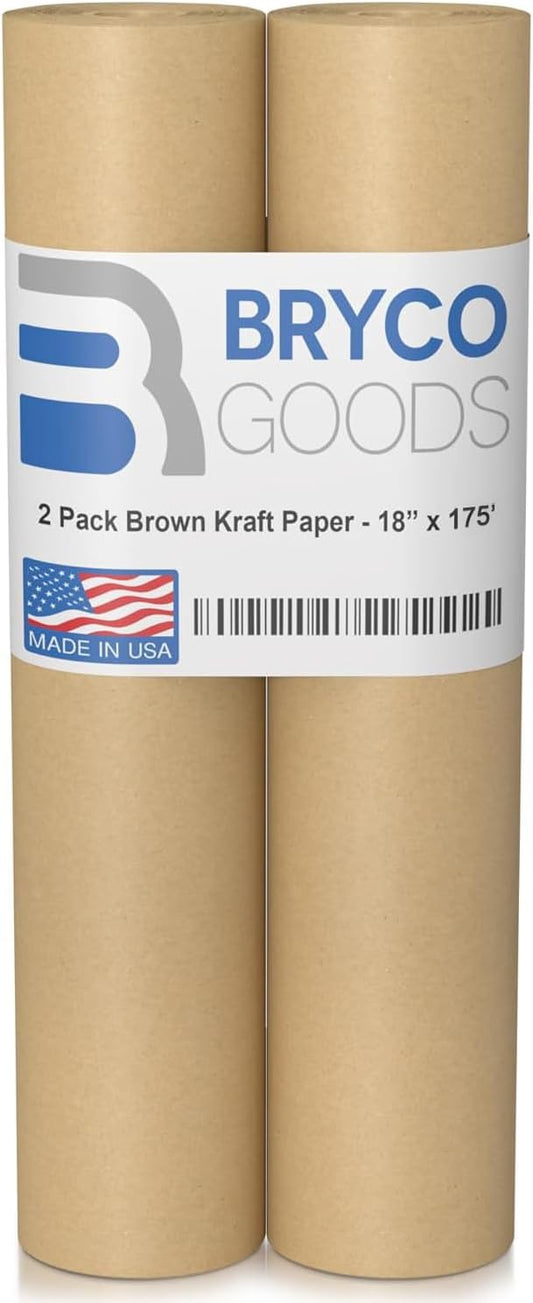 Bryco Goods (Pack of 2) Kraft Paper Roll - Brown - 18" x 2100" (175') - USA Made - Suitable for Packing - Moving - Shipping - Crafts - Wall Art - Bulletin Boards - Floor Covering - Table Runner