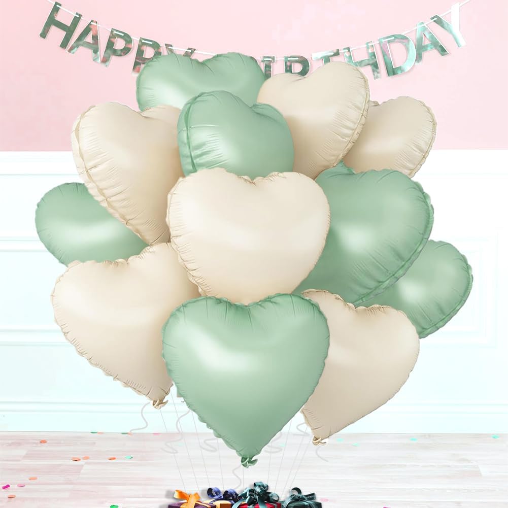 Baby White Heart Balloons，18 Inch Light Green Helium Foil Love Heart Shaped Balloons for Anniversary Wedding Engagement Birthday Party Baby Shower Valentines Decorations(12Pcs)