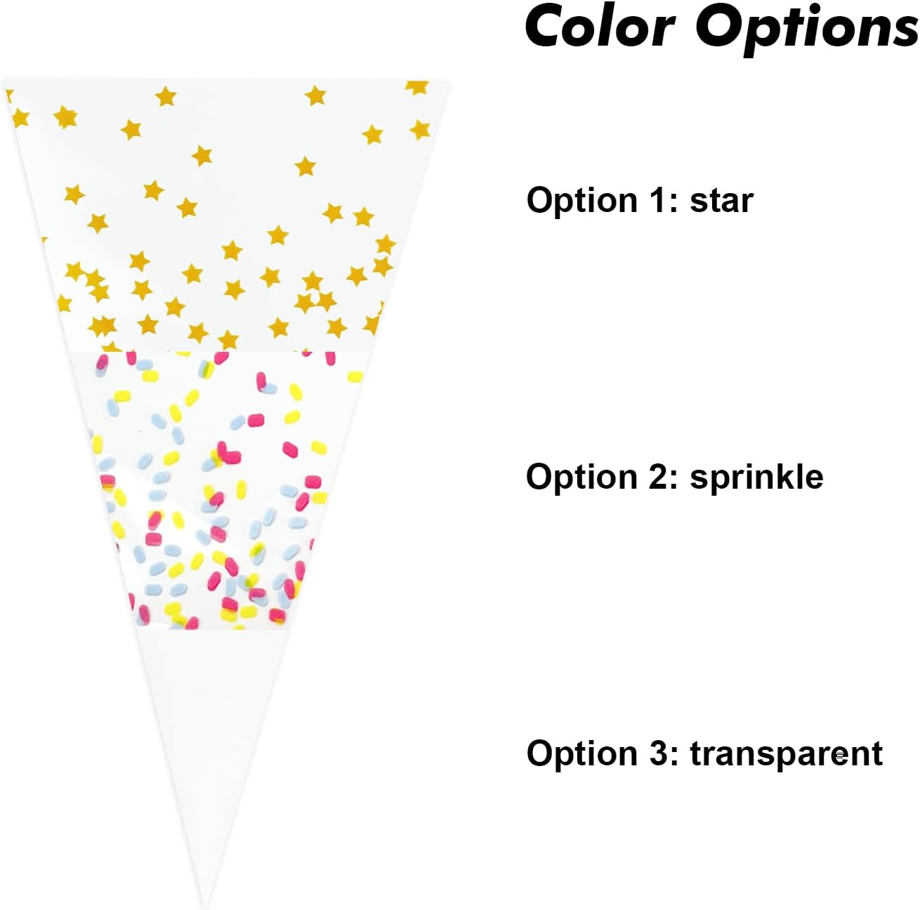 EKAPACKAGING 50Pcs Star Print 7x15 Inches Cone Shaped Treat Cellophane Bags Twist Tie Triangle Christmas Party Favor Cotton Candy Bags With Ties For Popcorn, Chocolates, Ice Cream Cone