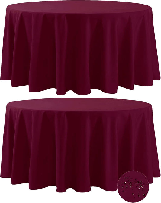 Fokitut 2 Pack Waterproof Round Tablecloth, 132 Inch, Stain Resistant and Wrinkle Polyester Table Cloth, Fabric Table Cover for Kitchen Dining, Wedding, Party, Holiday Dinner-Burgundy