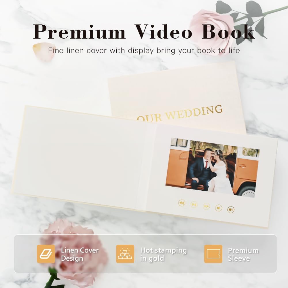 OUR WEDDING - GOLD FOIL Luxury Linen Bound Video Book Video Album Up to 2.5 hours of video, 7” IPS Display, 4GB of memory & Rechargeable Battery (OUR WEDING), White