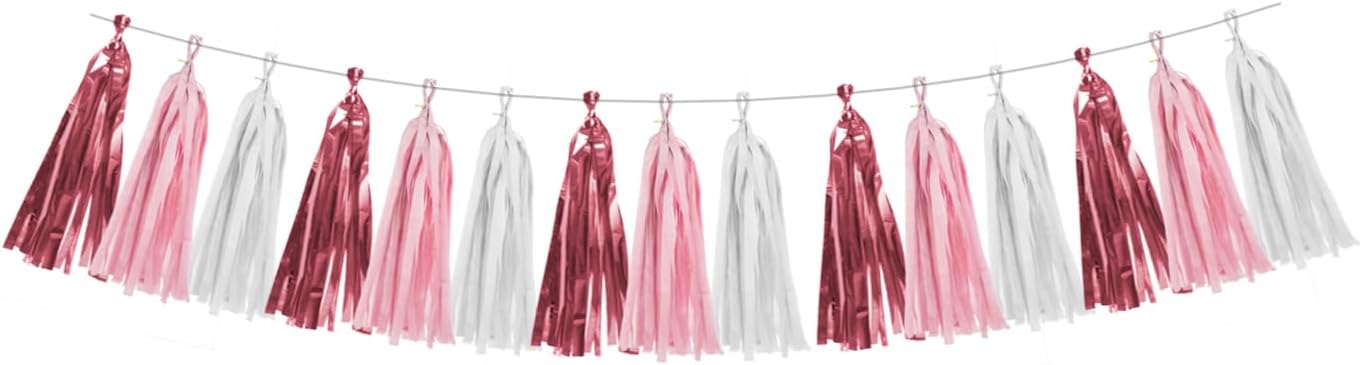 Rose-Gold Pink White Party Decorations - 15Pcs Tissue Paper Tassel Garland Birthday Decorations Valentines Day Decorations Baby Girl Shower Women Bridal Wedding Engagement Bachelorette HongTongTong