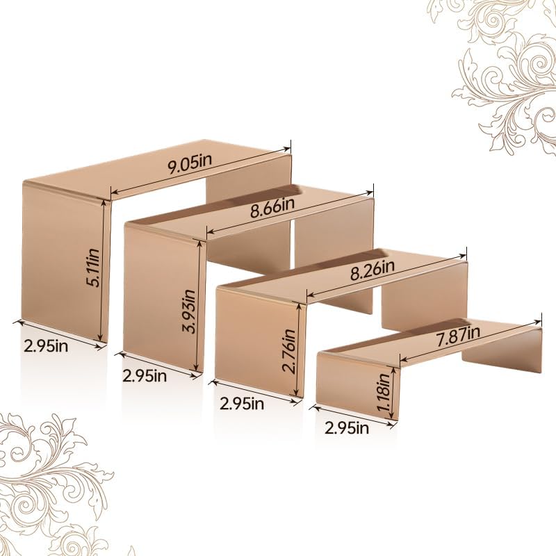 4 Pcs Stainless Steel Display Risers, Display Stand for Cupcake Dessert Perfume Purse Handbag Shoe and Funko Pop, Rose Gold