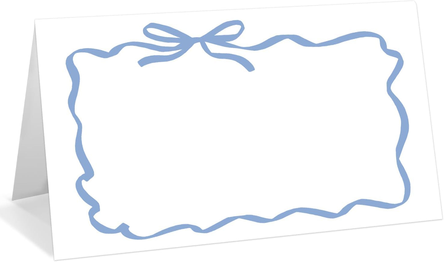25 Pack Blue Bow Wave Place Cards, Editable Name Cards for Table Setting, Tent Cards Food Label for Dinner Party, Bridal Shower, Wedding, Baby Shower and Events -T15
