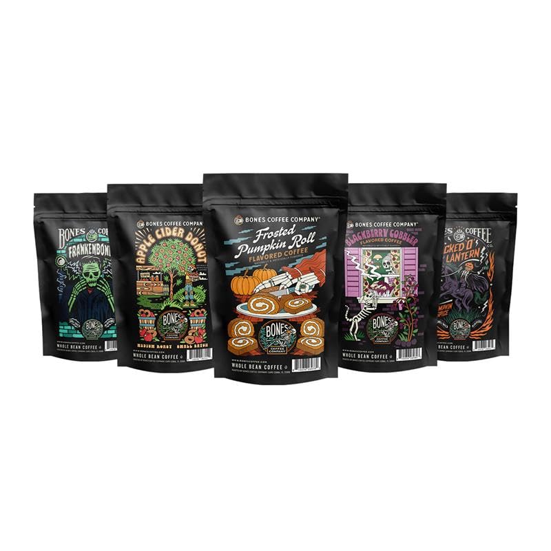 Bones Coffee Company Fall Favorites Pack, 5 Assorted Flavored Coffee Low Acid Medium Roast Arabica Beans Specialty Coffee Gifts, Auto Drip and French Press Compatible, 4 oz Pack of 5 Whole Bean