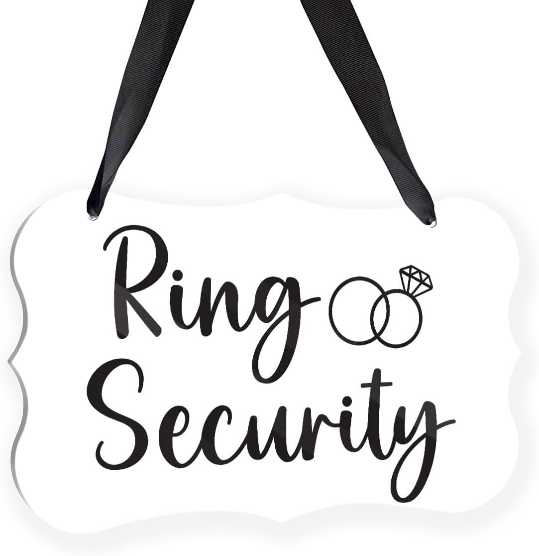 Acrylic Wedding Sign, Ring Bearer Sign, Ring Security Decor, for Rustic Wedding Decor Hanging Signs, Acrylic Wall Art With Ribbon for Chairs Weddings Reception Decorations and Event Party (White)