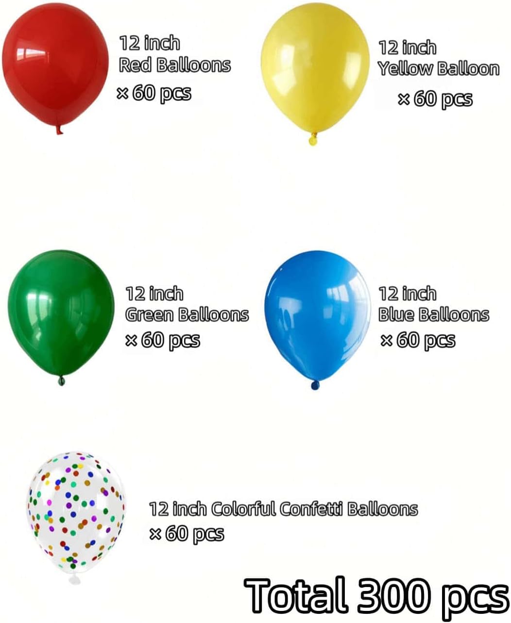 300 Pcs Red Yellow Blue Green Balloons, 12 Inch Red Yellow Blue Green Balloons and Colourful Confetti Balloons for Carnival, Circus Party Décor