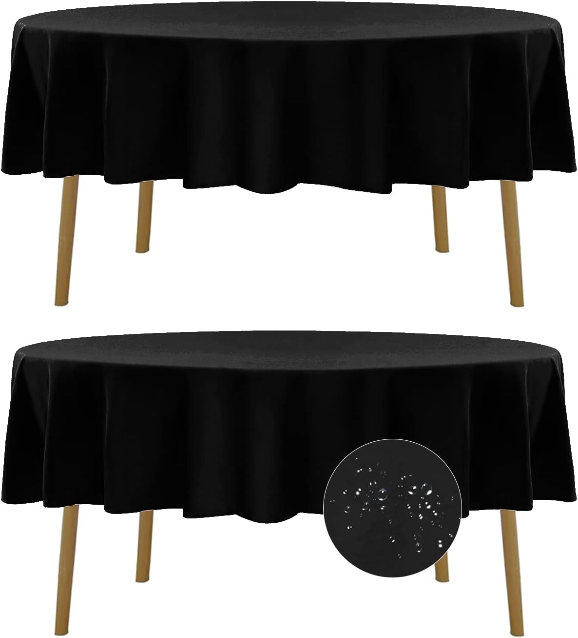 Fokitut 2 Pack Waterproof Round Tablecloth, 90 Inch, Stain Resistant and Wrinkle Polyester Table Cloth, Fabric Table Cover for Kitchen Dining, Wedding, Party, Holiday Dinner-Black