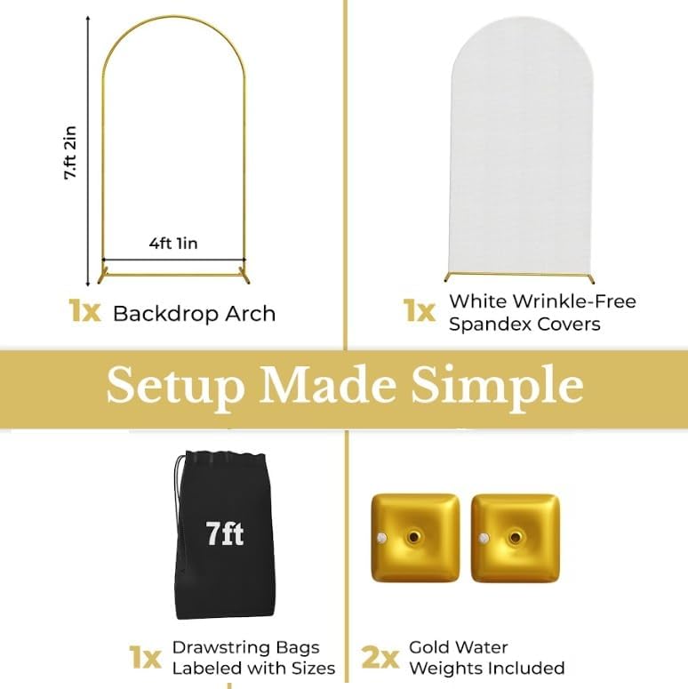 7.2FT Gold Wedding Backdrop Arch Stand with White Spandex Cover – Metal Frame, Water Weights & Storage Bag – Party, Birthday, Baby Shower, Bridal Shower, Wedding Ceremony, Photo Booth Decor