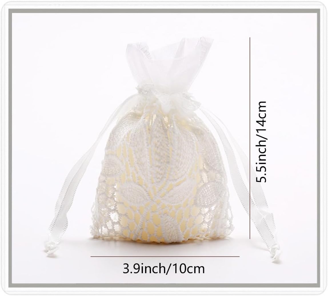Petunny 6Pcs White Lace Drawstring Bags,Cotton Drawstring Gift Bags Embroidered Jewelry Pouch for Wedding Birthday Christmas Parties(3.9x5.5Inch)