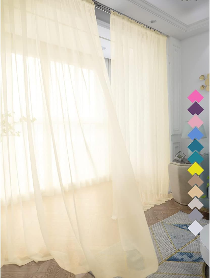 Window Light Yellow Sheer Curtains 48 Inches Width 63 Inches Long 2 Panels Sheer Curtain Clear Curtains Basic Rod Pocket Panel for Home Living Room Bedroom Kids Room Yard Patio Parlor Sliding