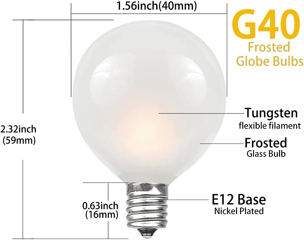 SUNSGNE 25Ft Outdoor Patio Lights G40 Globe String Lights with 27 Frosted White Bulbs, Waterproof Connectable Hanging String Lights for Christmas Patio House Backyard Balcony Party, White Wire