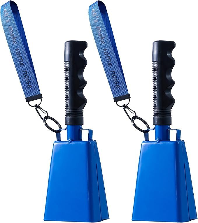 Cow Bells Noise Makers with Handle: Cowbells Hand Percussion for Sporting Events with Wrist Strap - 2pcs 8 Inch Large Loud Cheering Bell for Football Games Graduation (Blue)