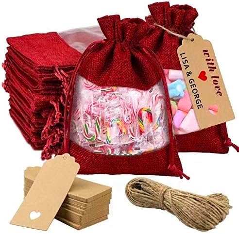 GIOIPC 50Pcs 4 x 6 Inch Linen Burlap Sheer Bags with Drawstring and Bonus Gift Tags for Wedding Birthday Bag,Craft Bags,Cosmetic Samples