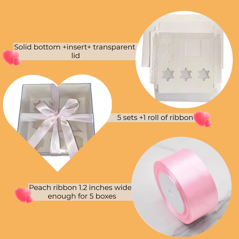 Bento Cake and Cupcake Box 2-in-1 4-inch Cake and 5 Cupcakes Box 5 Sets with One Wide Roll of Ribbon for Family Dinner Birthday Party Picnic Gift (faskdfh)