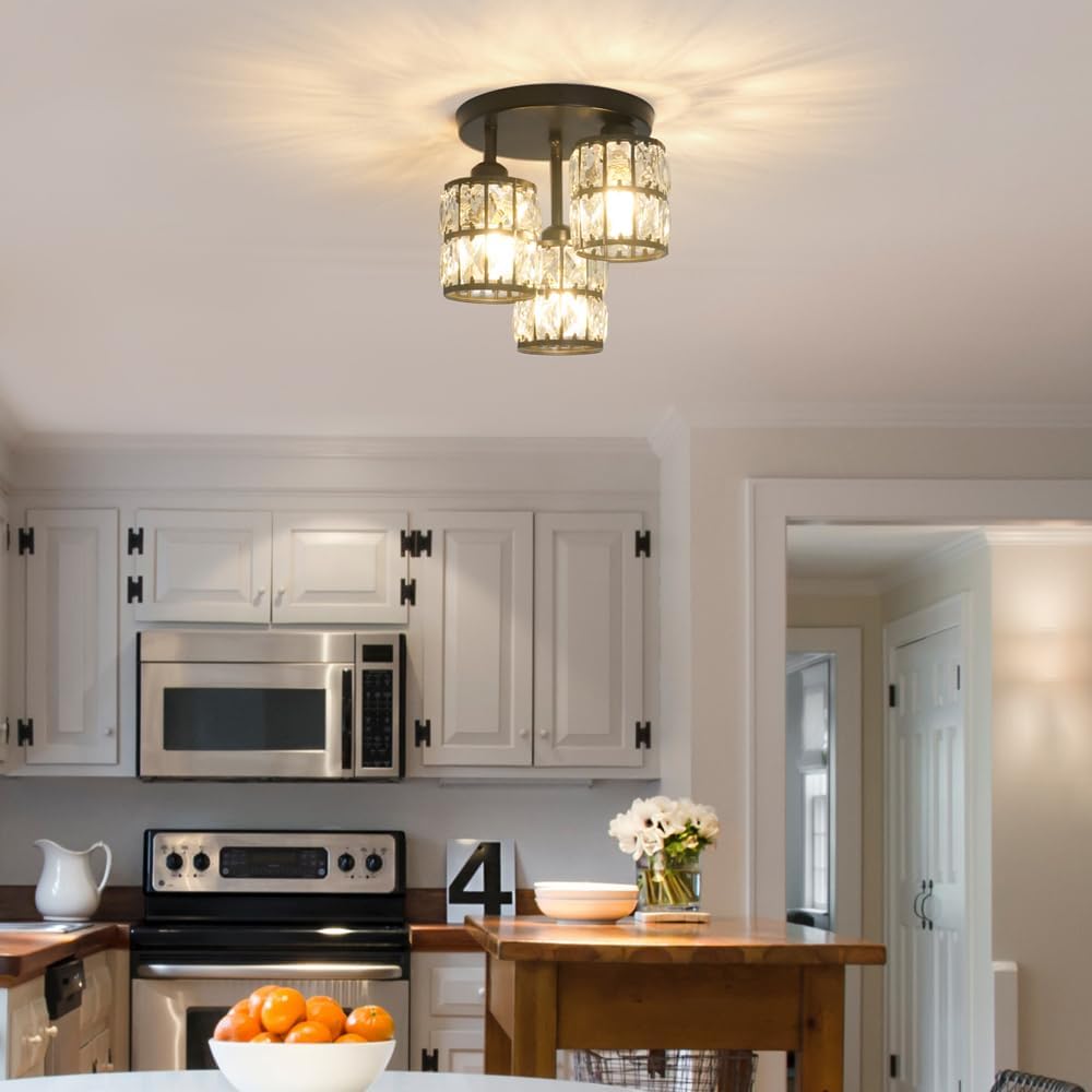 Modern Semi Flush Mount Ceiling Light, 3-Light Black Crystal Close to Ceiling Light Fixtures, Kitchen Light Fixtures with Clear Crystal Shade, Hallway Light Fixtures for Porch Bedroom Bathroom