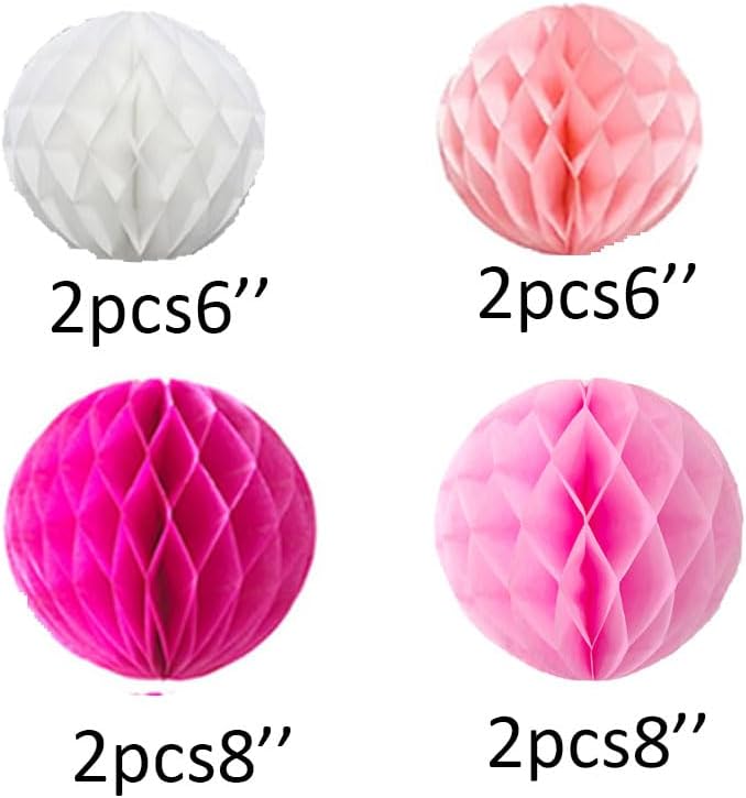 8pc Honeycomb Balls Party Decorations 6'' 8'' Tissue Paper Pom Poms Flower Balls Hanging Paper Honeycomb Balls for Party Baby Shower Birthday Wedding Nursery Wall Decor(6'' 8'' Pink kit)