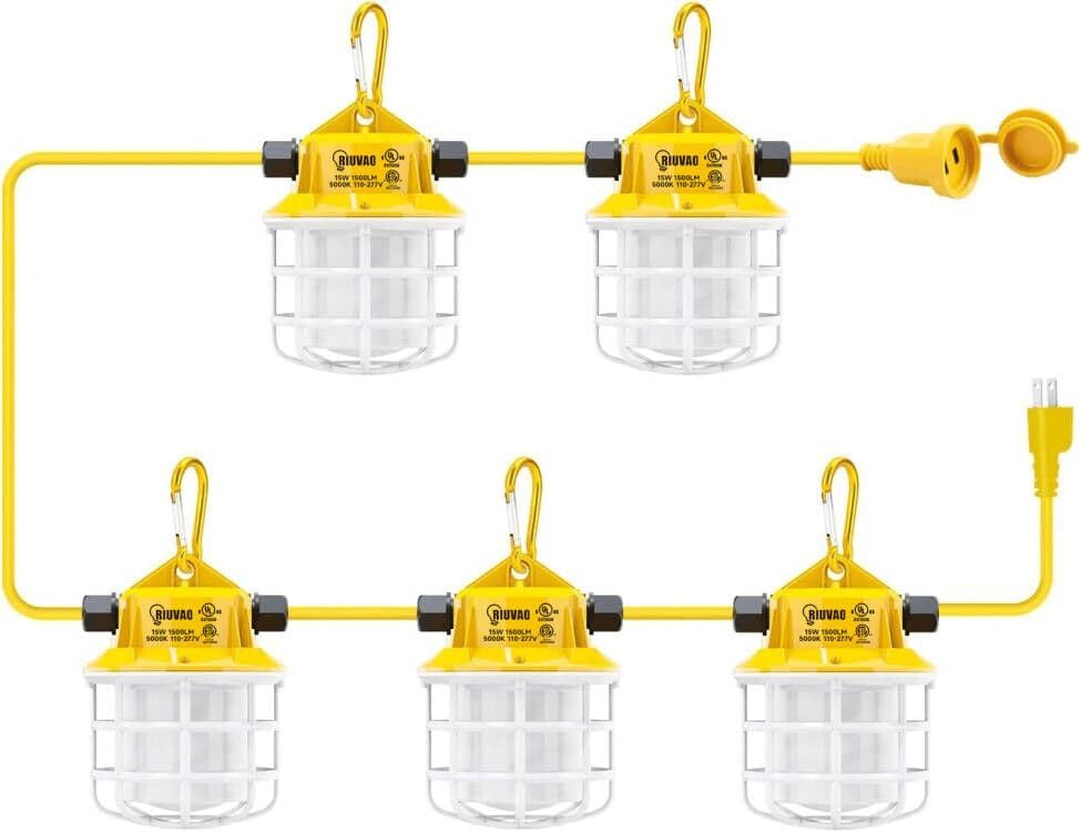 50ft LED Construction String Lights, 75W 7500LM Industrial Grade Super Bright String Work Lights for Construction Sites, Temporary Work, Renovation, Jobsite, and All Outdoor Lighting(50ft-5lights)